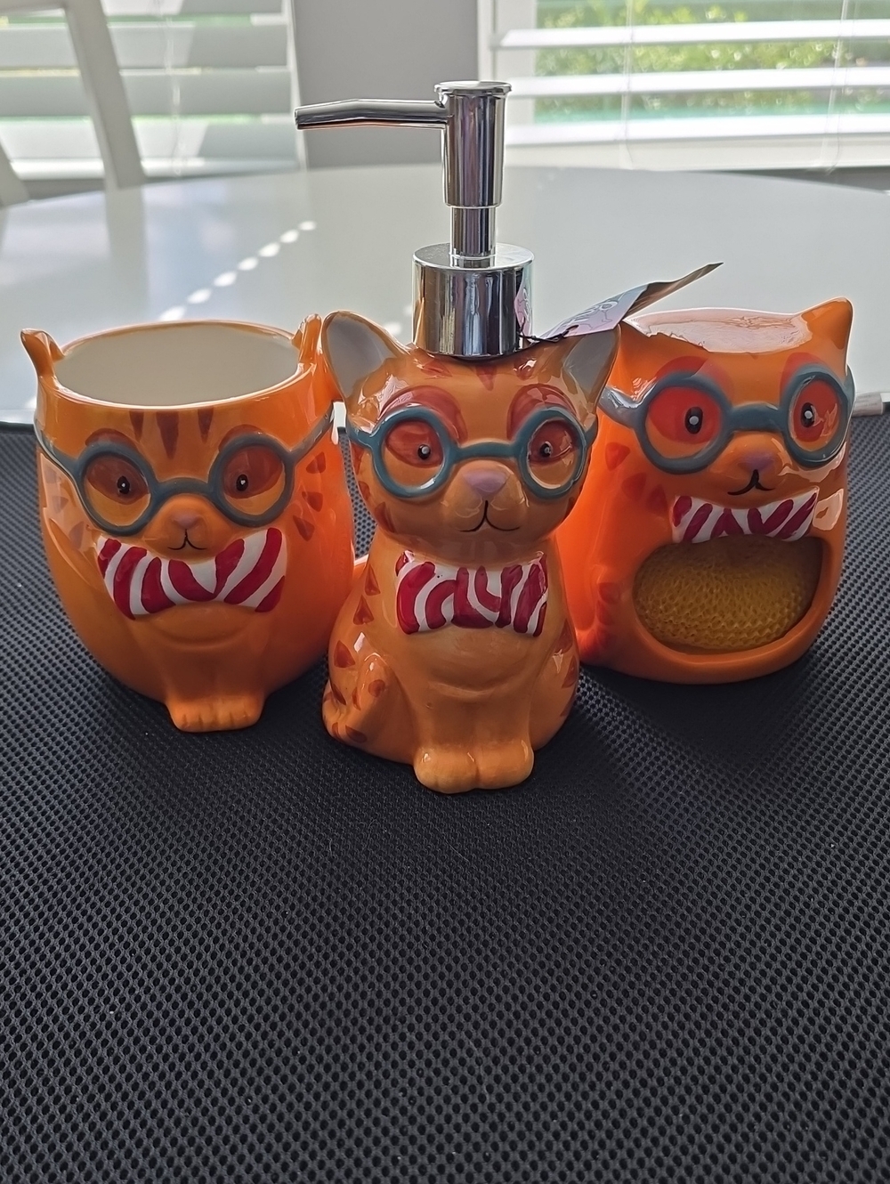 Orange Cat Ceramic Bath Accessory Set with Glasses and Bow Tie - 3 Piece